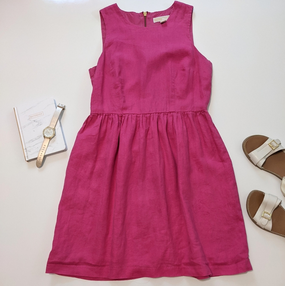 MICHAEL KORS 100% Linen Outer Fuschia Berry Pink Magenta Sleeveless Dress Size 8